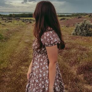 Mine Dusty Rose Puff Sleeve Scoop Neck Midi Dress